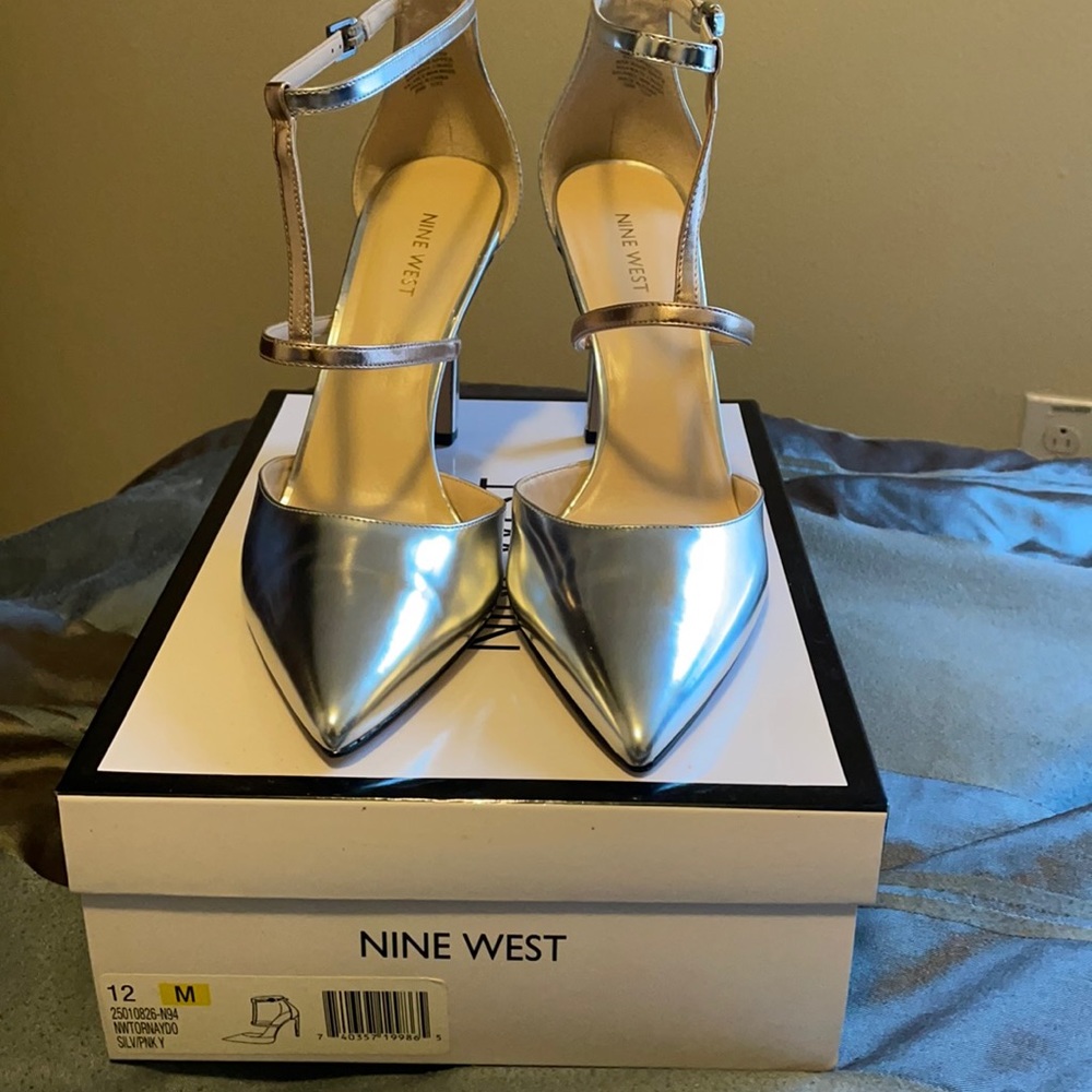 Pink and silver t strap pumps